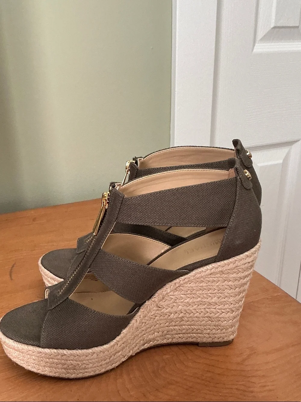 Michael Kors Olive Canvas Espadrille Wedge Sandals with Gold Zip